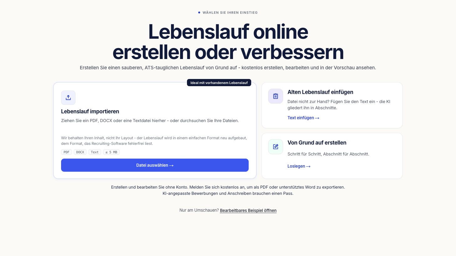 Startseite des Lebenslauf-Editors mit Import, Text einfügen und neu beginnen