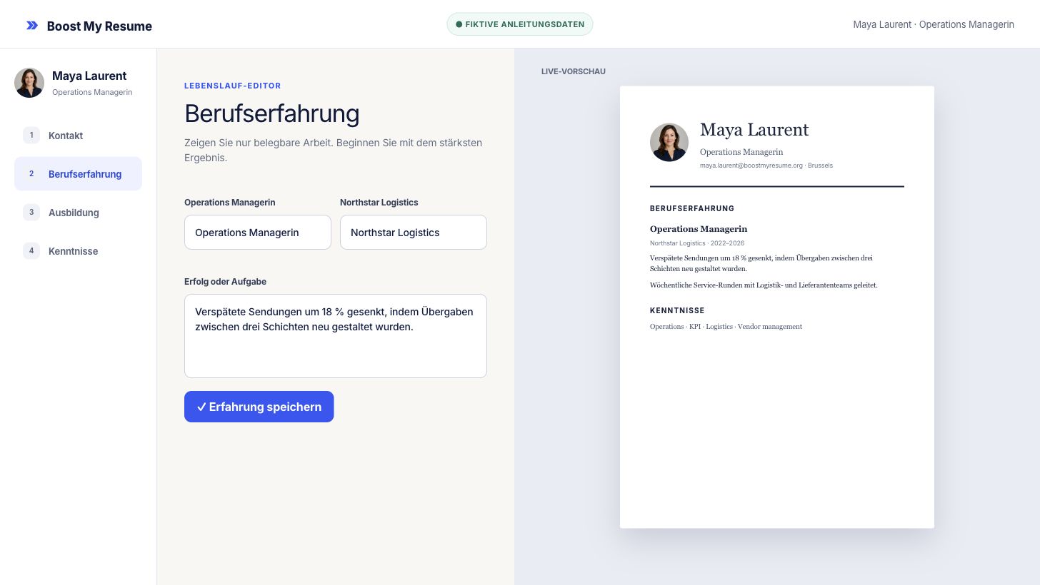 Lebenslauf-Editor mit fiktiver Operations-Erfahrung und Live-Vorschau