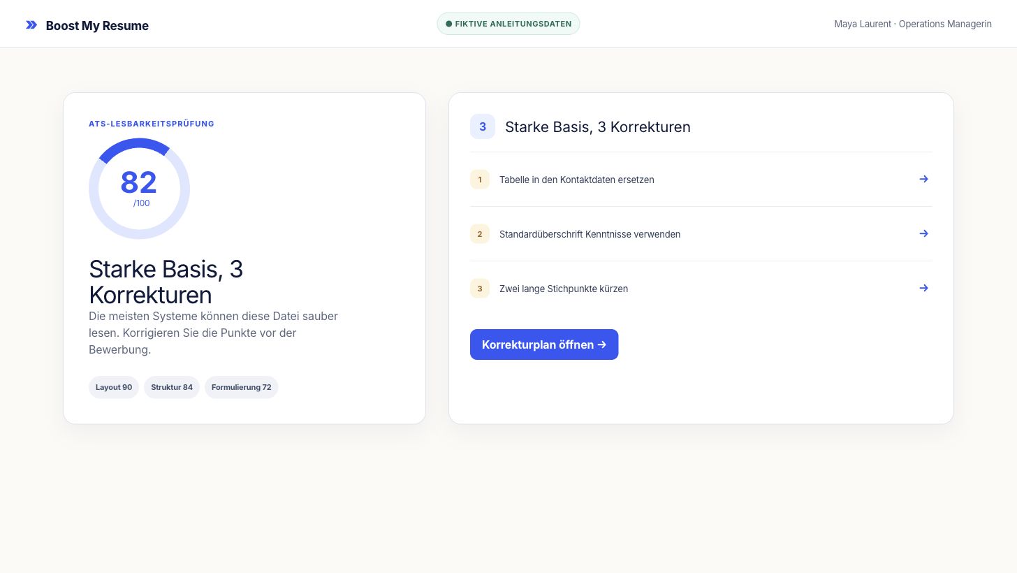 ATS-Lesbarkeitsbericht mit Score, priorisierten Befunden und Detailprüfungen