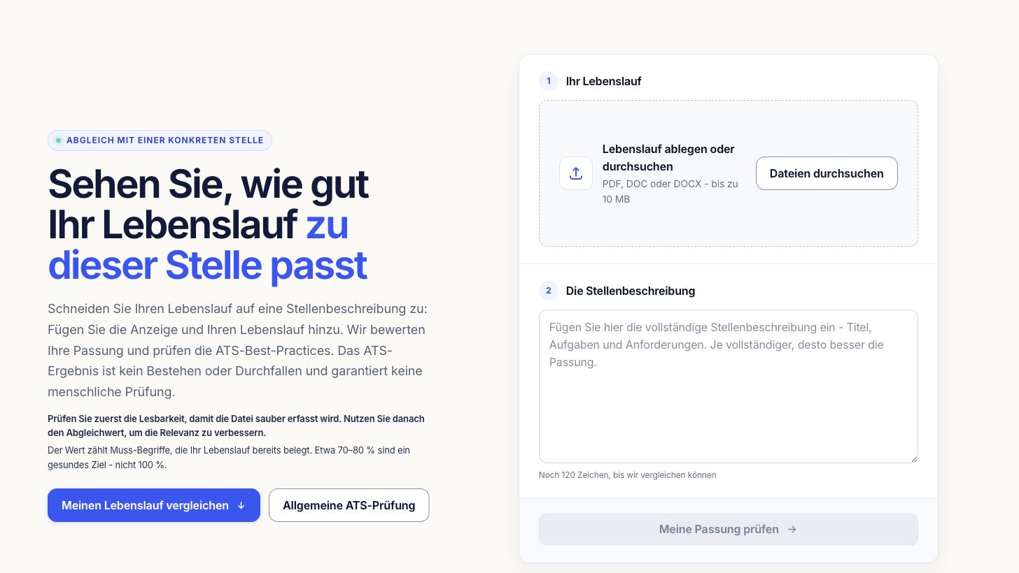 Formular zum Vergleich eines Lebenslaufs mit einer fiktiven Operations-Stelle
