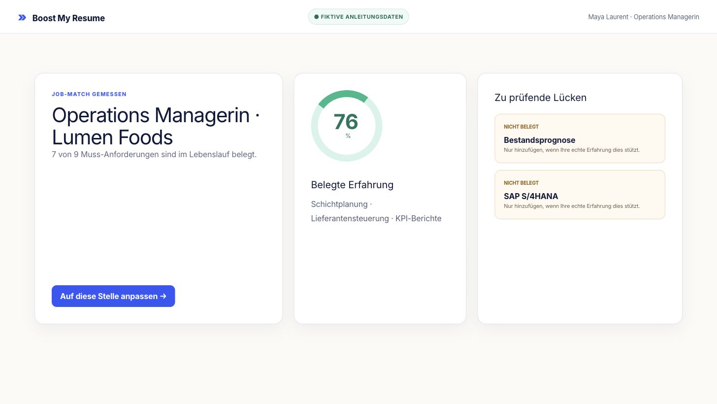 Job-Match-Bericht mit belegten Anforderungen und Lücken für eine fiktive Stelle