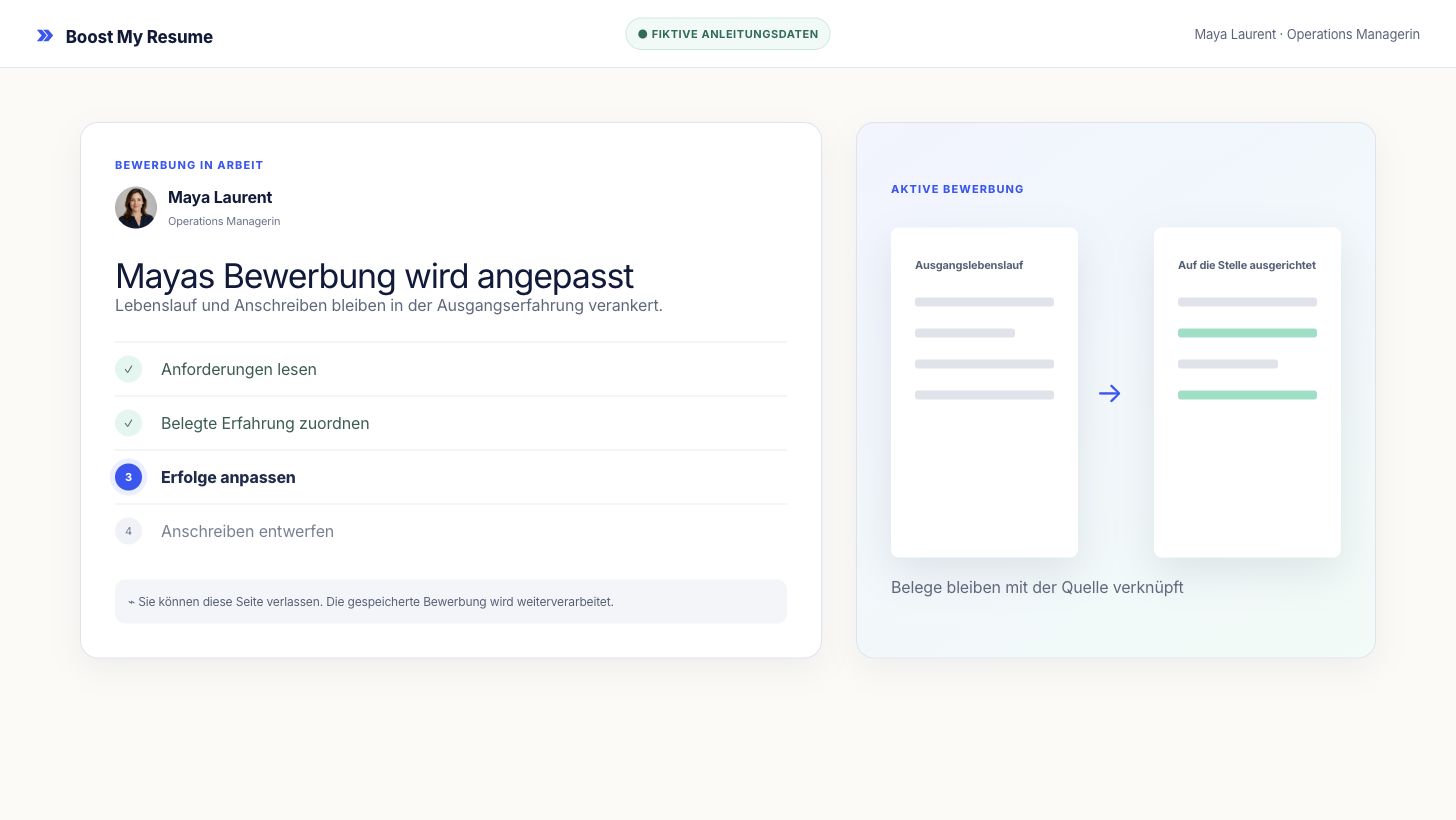 Fortschrittsansicht der Anpassung mit echten Schritten für eine fiktive Operations-Bewerbung