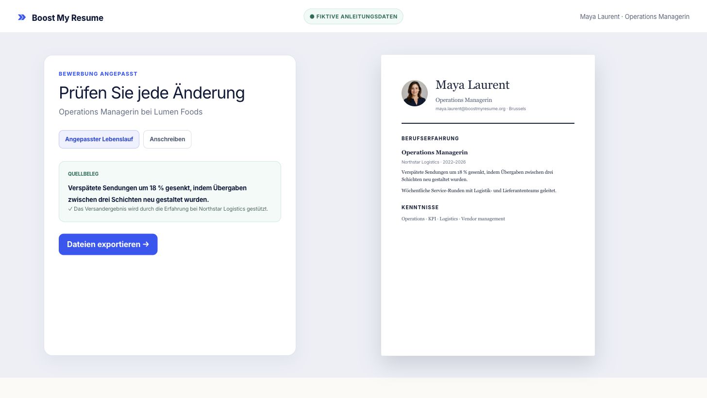 Prüfung einer angepassten Bewerbung mit Vorschau, Belegen, Match-Analyse und Anschreiben