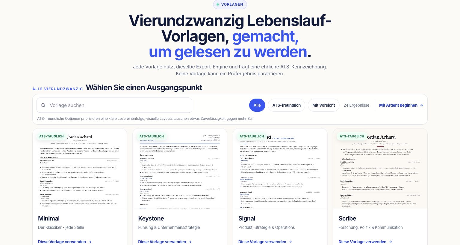 Galerie der Lebenslauf-Vorlagen mit ATS- und Dateiformat-Kennzeichnungen