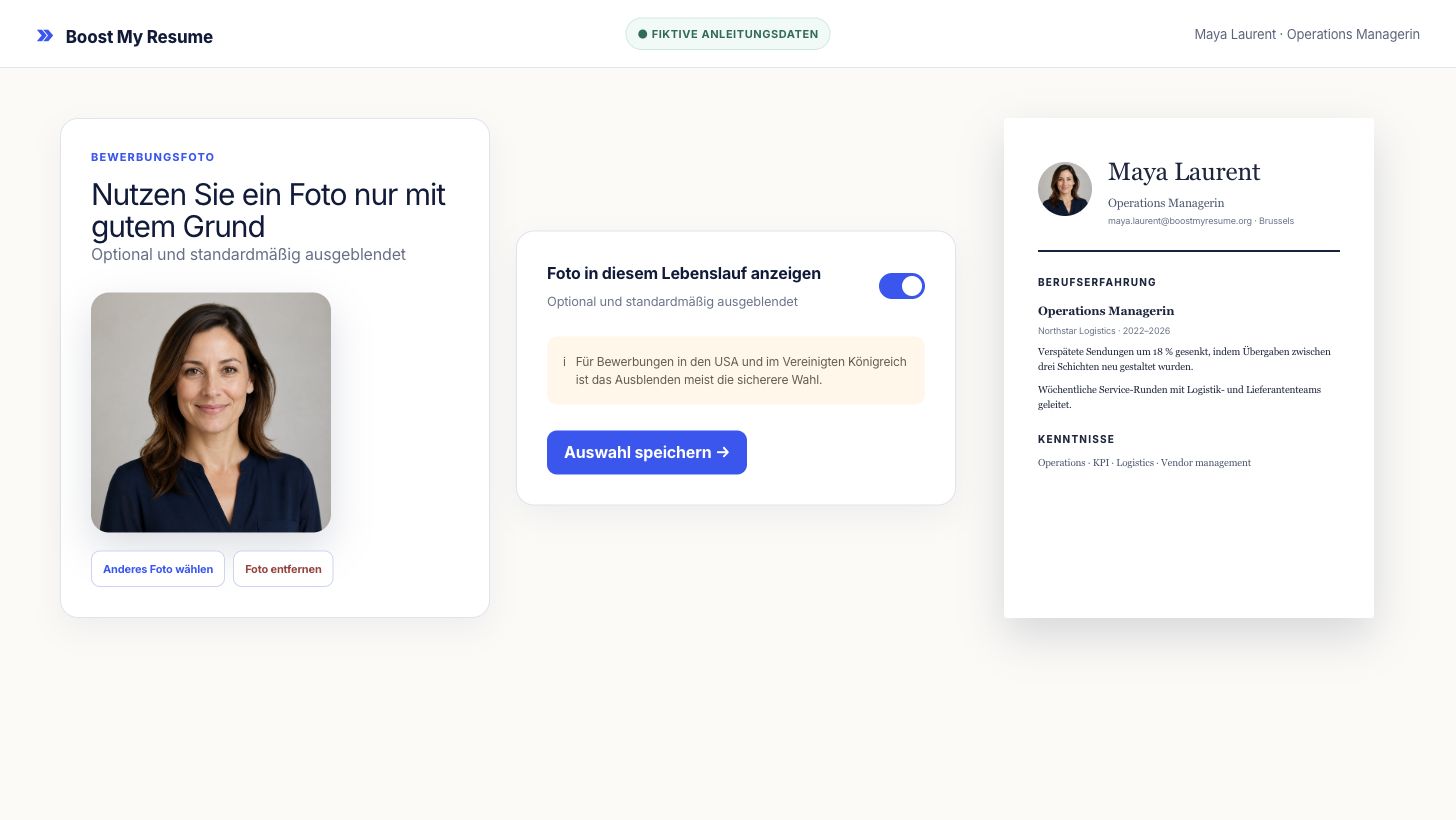 Fotoeinstellung im Lebenslauf-Editor mit fiktivem professionellem Portrait