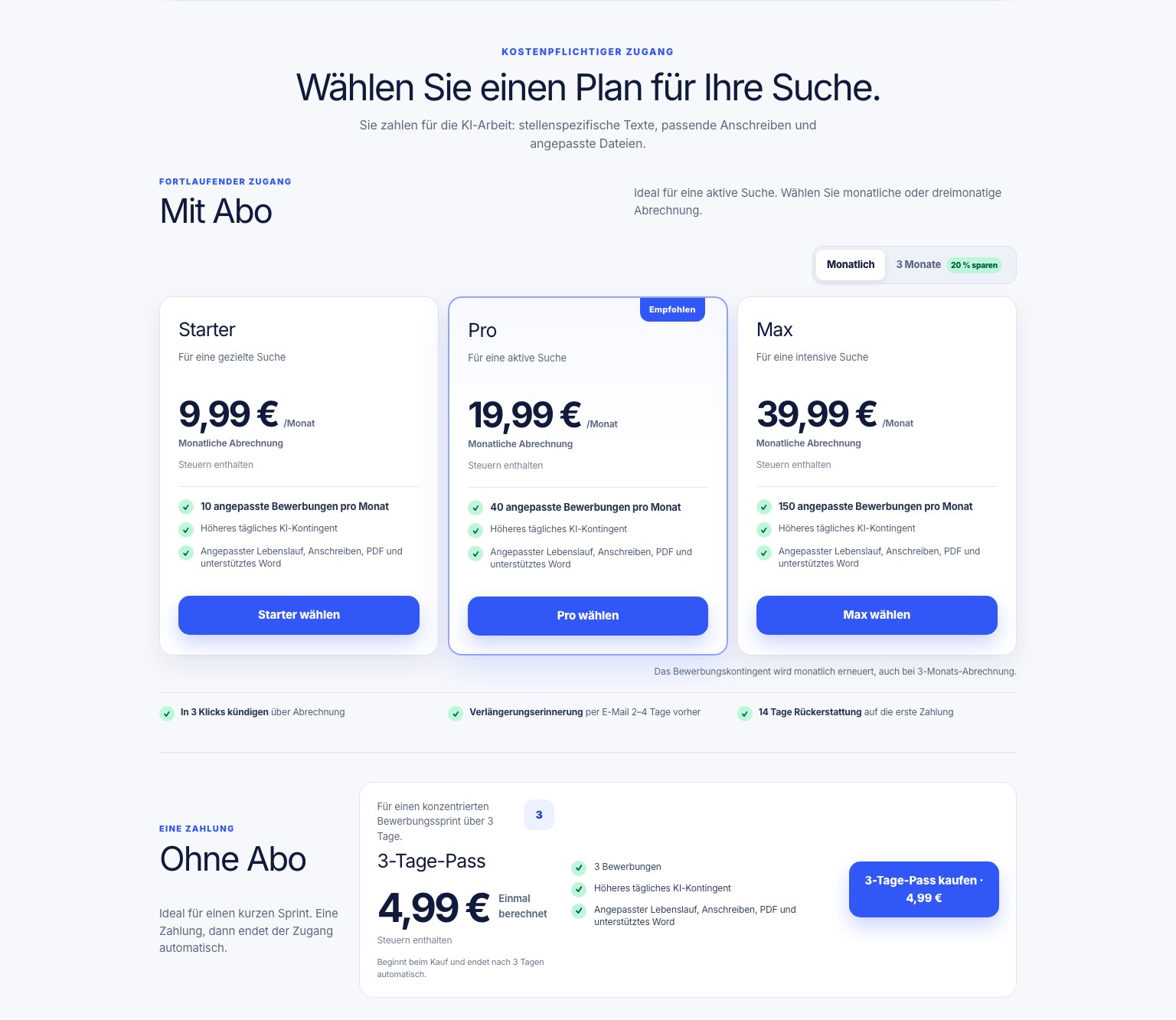 Aktuelle Preisseite mit kostenlosem Editor, Abonnements und einmaligem 3-Tage-Pass