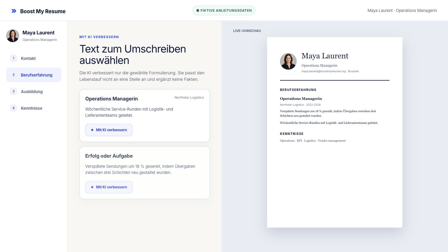 Lebenslauf-Editor mit der Schaltfläche Mit KI verbessern neben einer fiktiven Berufserfahrung