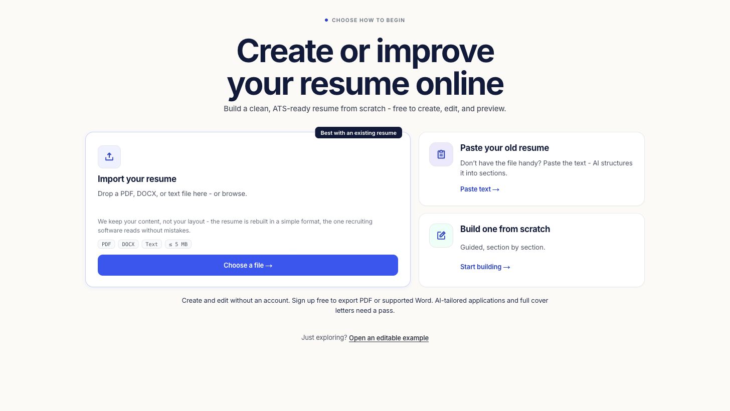 Boost My Resume builder start screen with import, paste and start from scratch options