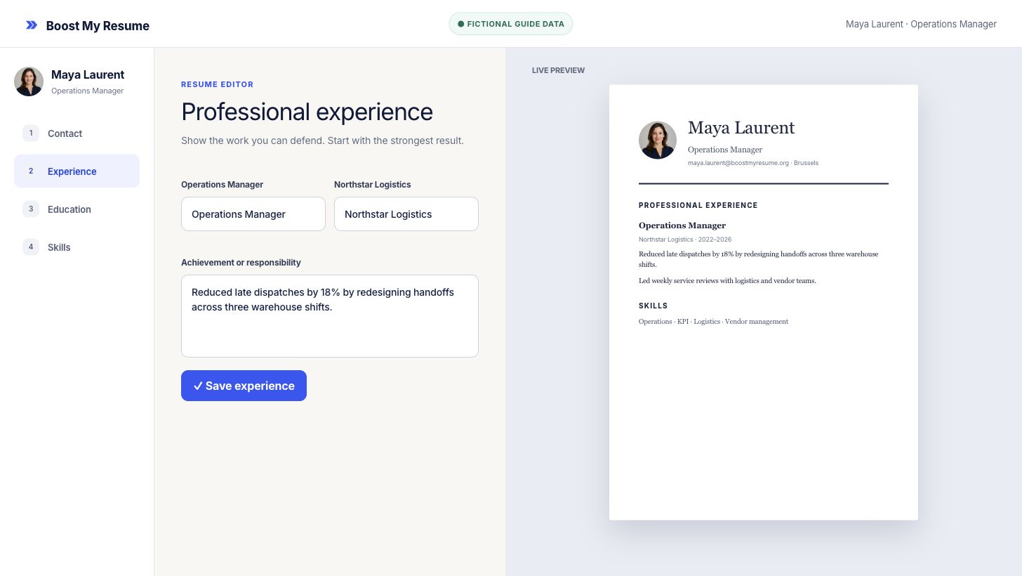Resume editor showing fictional operations experience beside a live resume preview