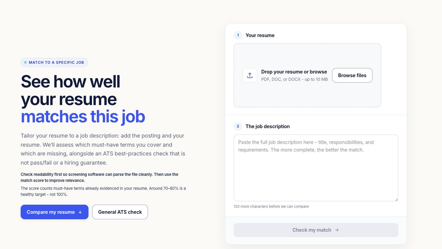 Resume and job-description comparison form with a fictional operations role