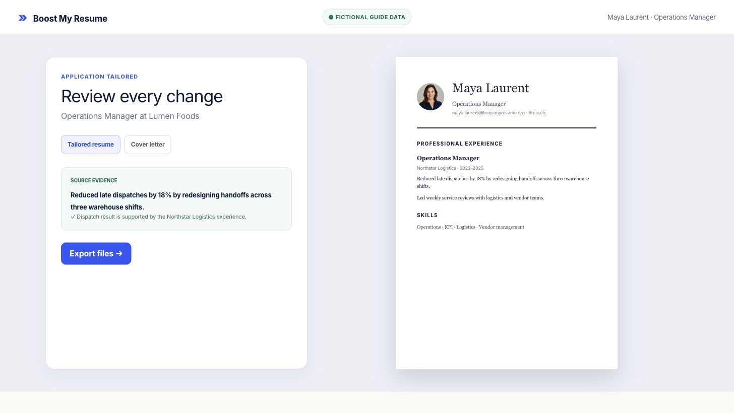Tailored application review with resume preview, evidence, match analysis and cover-letter action