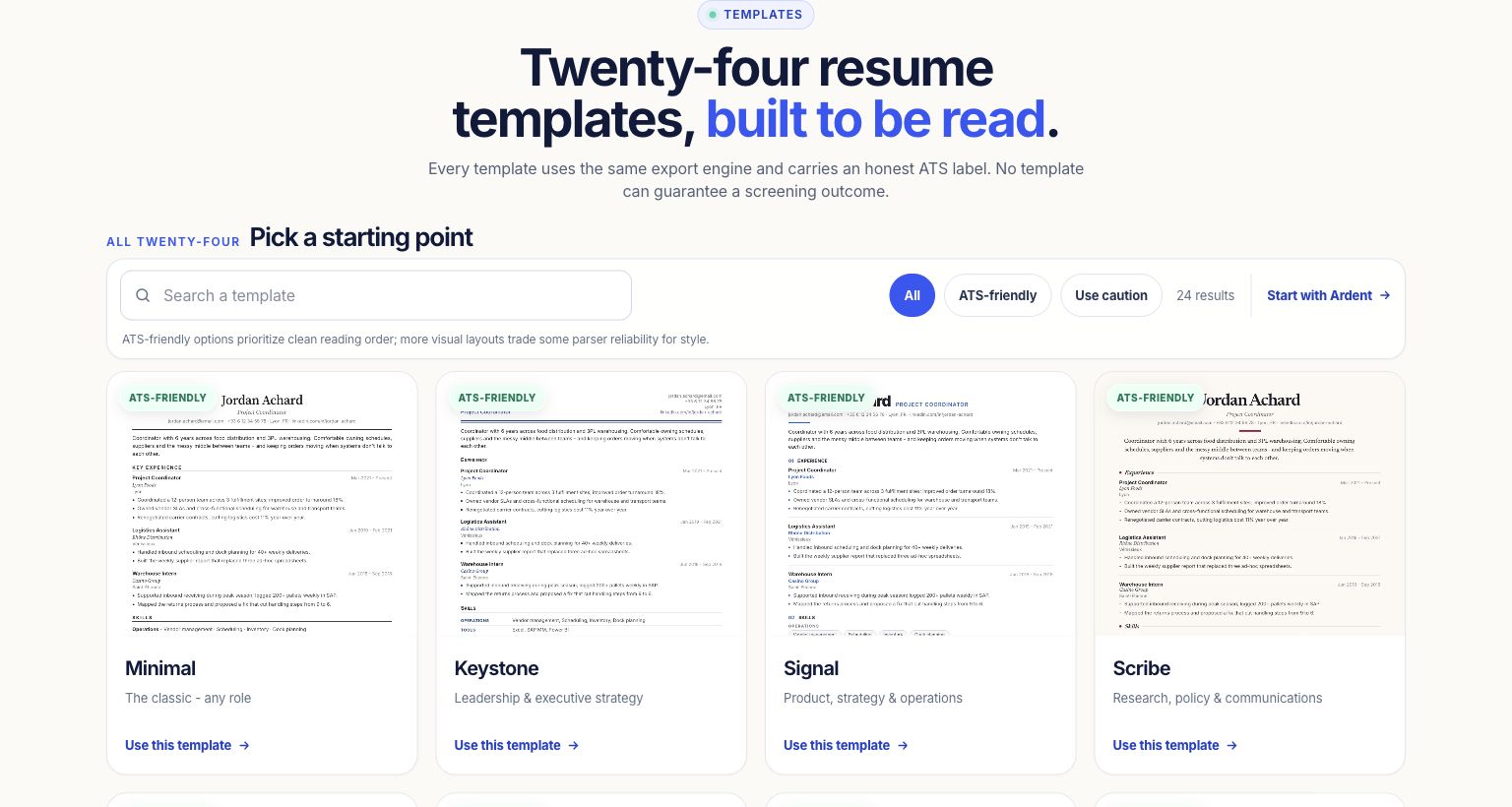 Resume template gallery with ATS and file-support labels