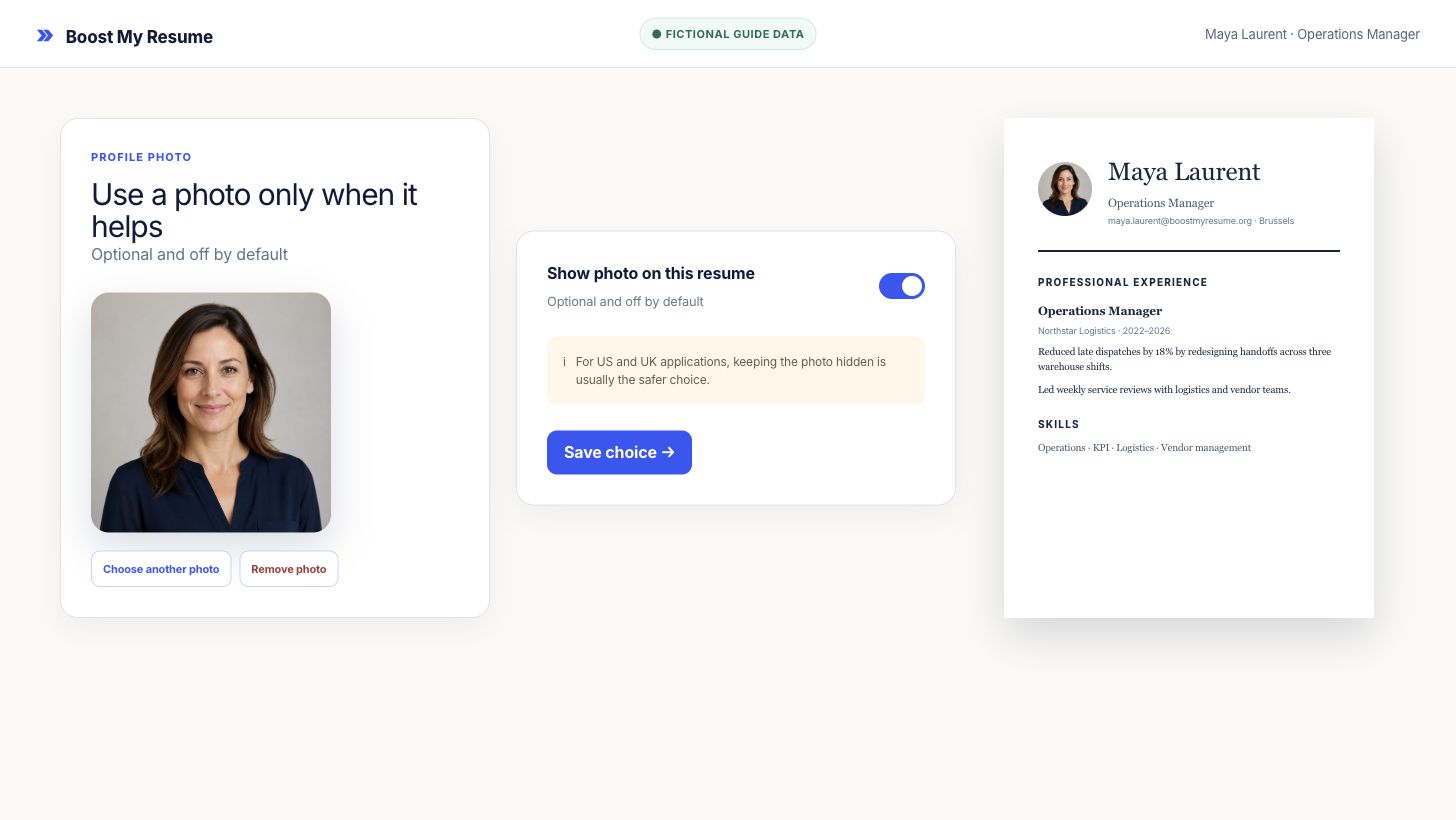 Resume editor photo control showing a fictional professional headshot and hide option