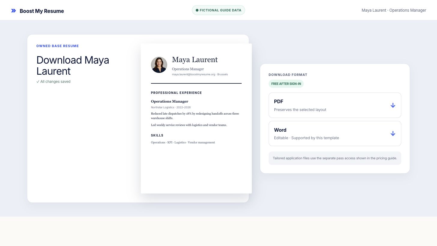 Resume download menu showing PDF and Word choices for a fictional base resume