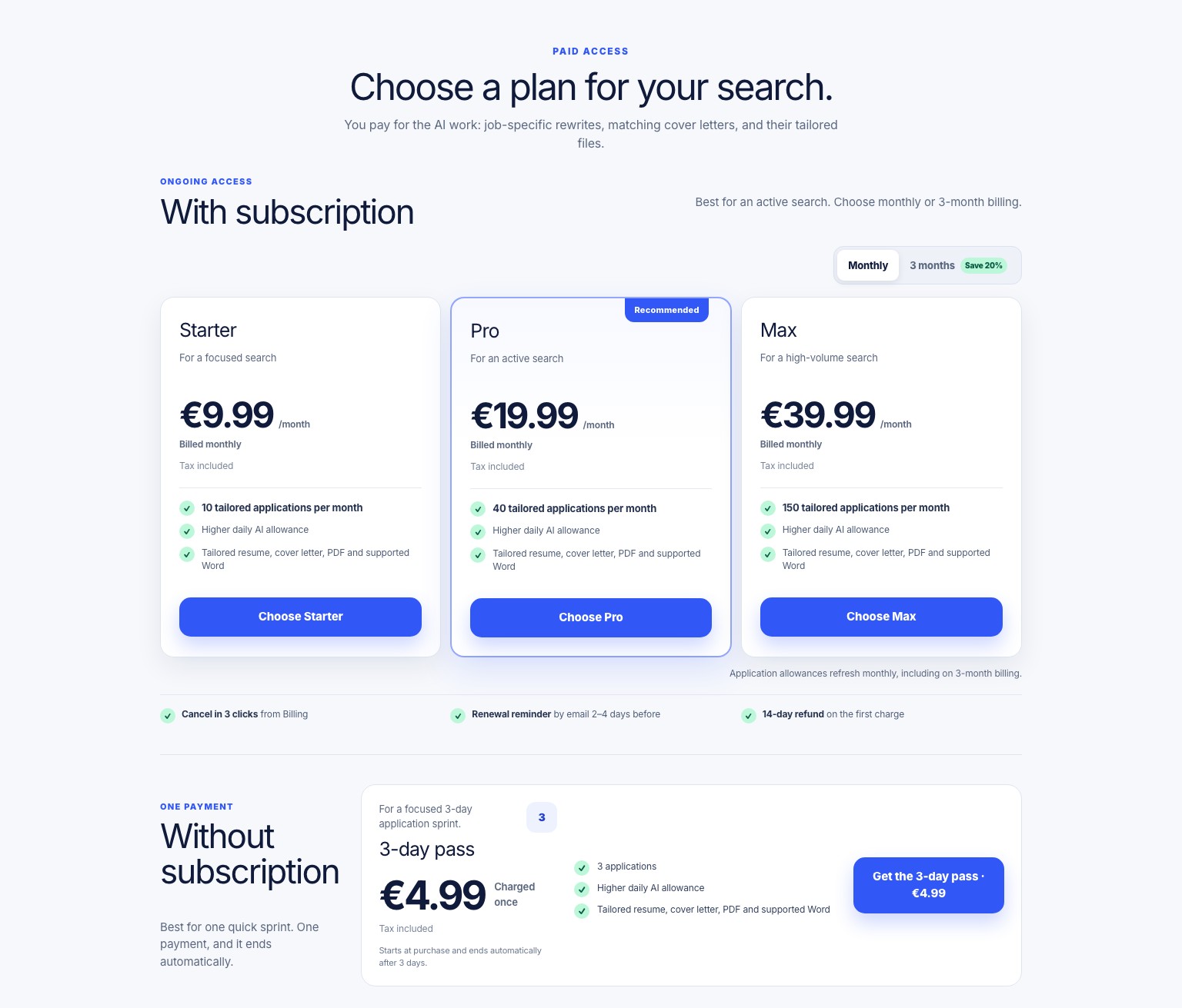 Current pricing page with the free editor, subscription plans and one-time 3-day pass