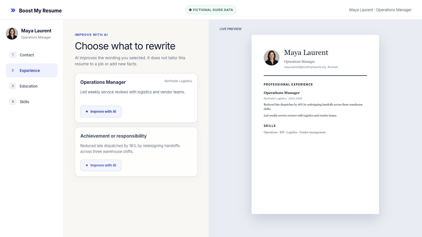 Resume editor showing the Improve with AI button beside a fictional work experience