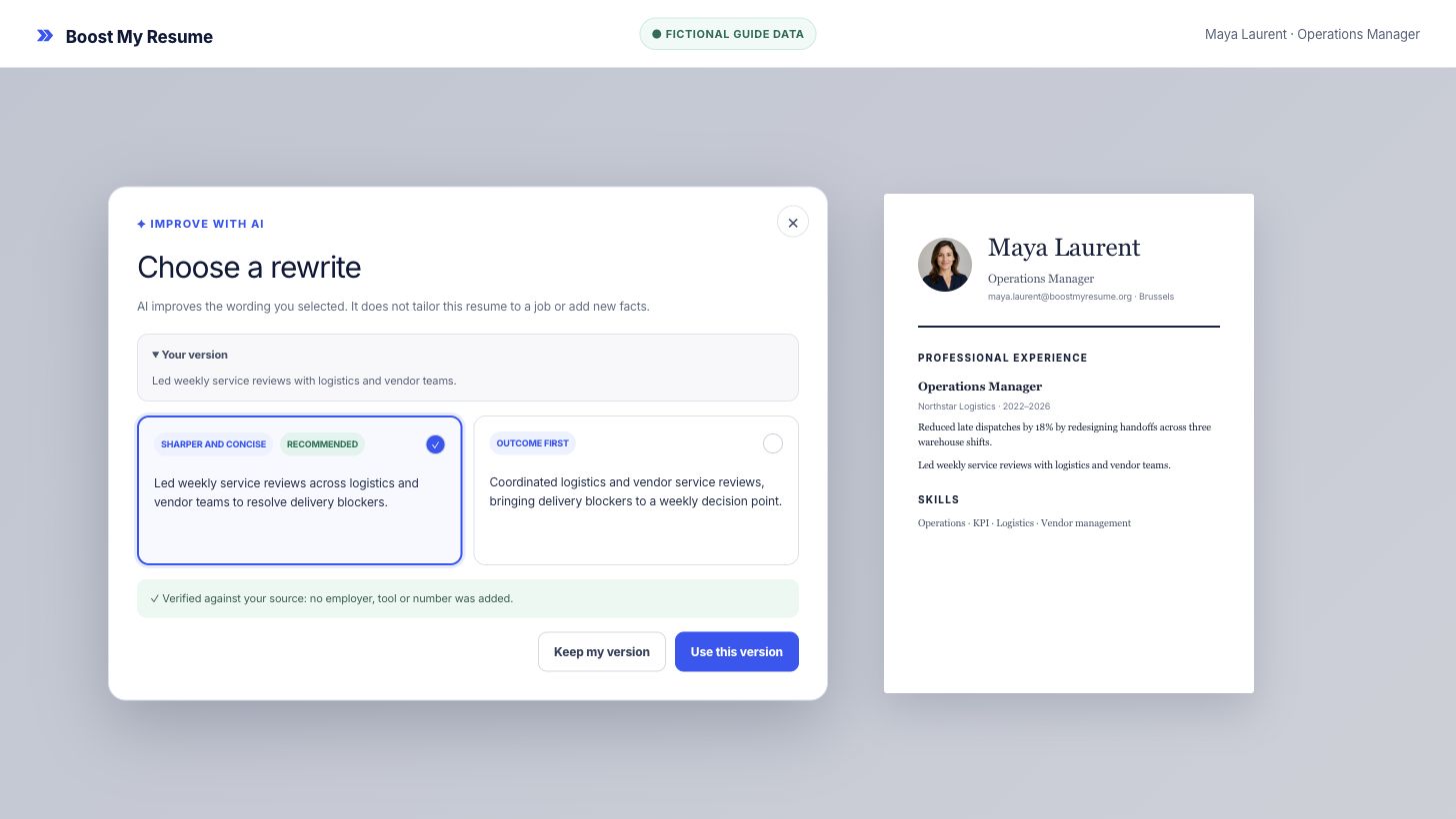 Improve with AI review dialog comparing an original resume bullet with grounded rewrite options
