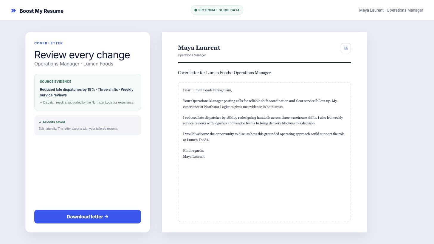 Editable AI cover letter for Lumen Foods with source evidence and saved status
