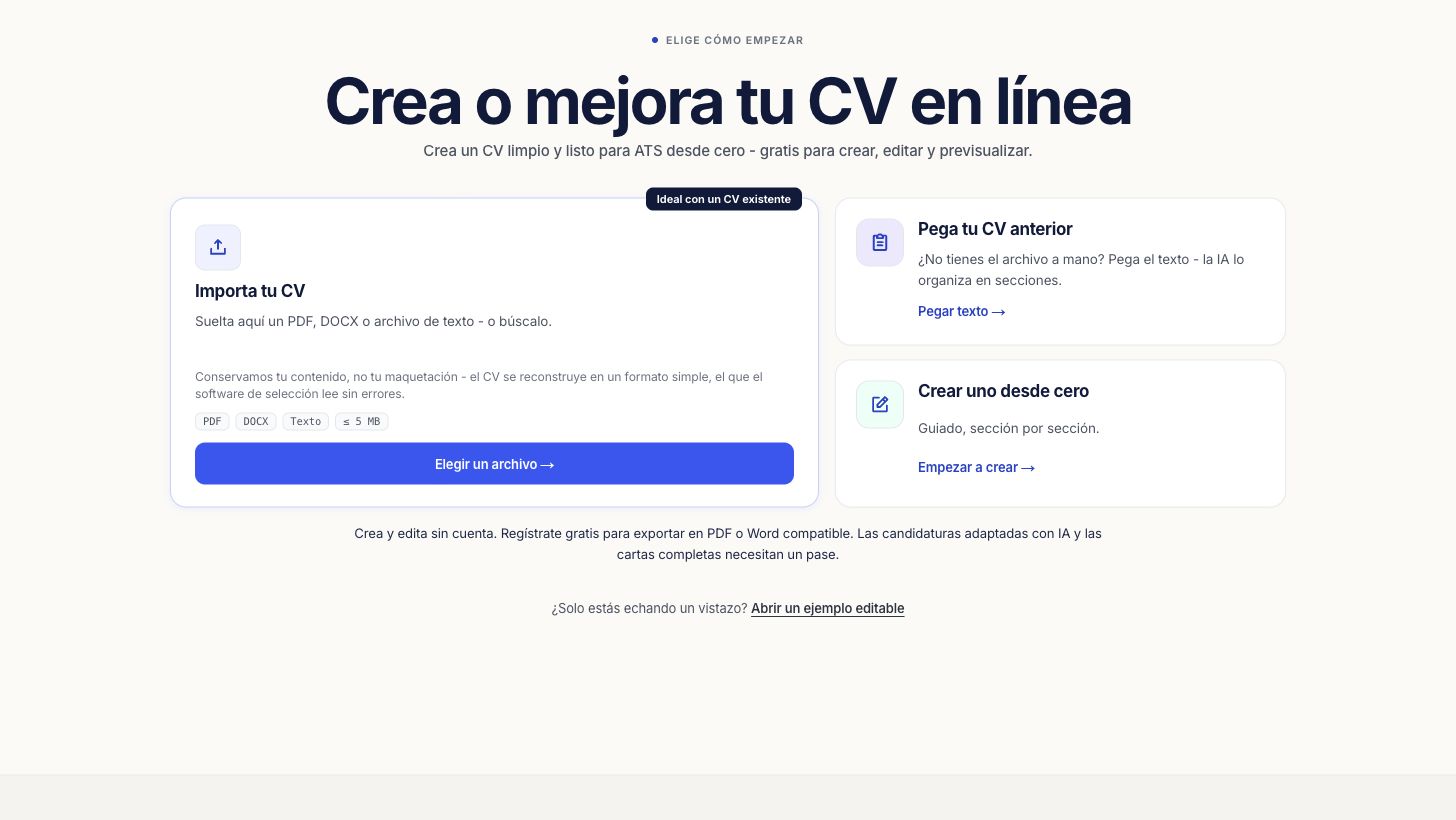 Pantalla inicial del creador de currículums con opciones de importar, pegar y empezar desde cero
