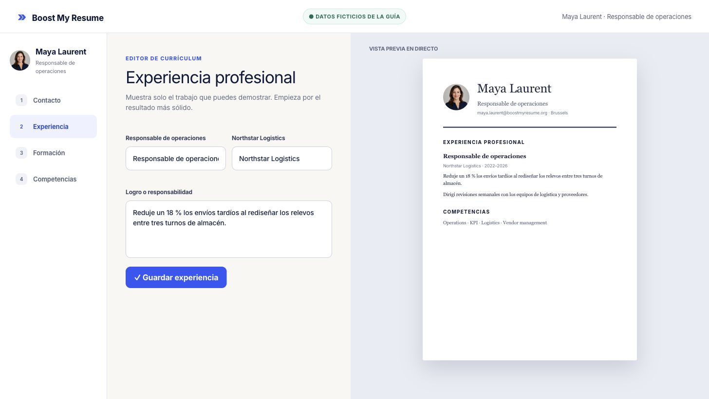 Editor de currículum con experiencia ficticia en operaciones y vista previa en directo