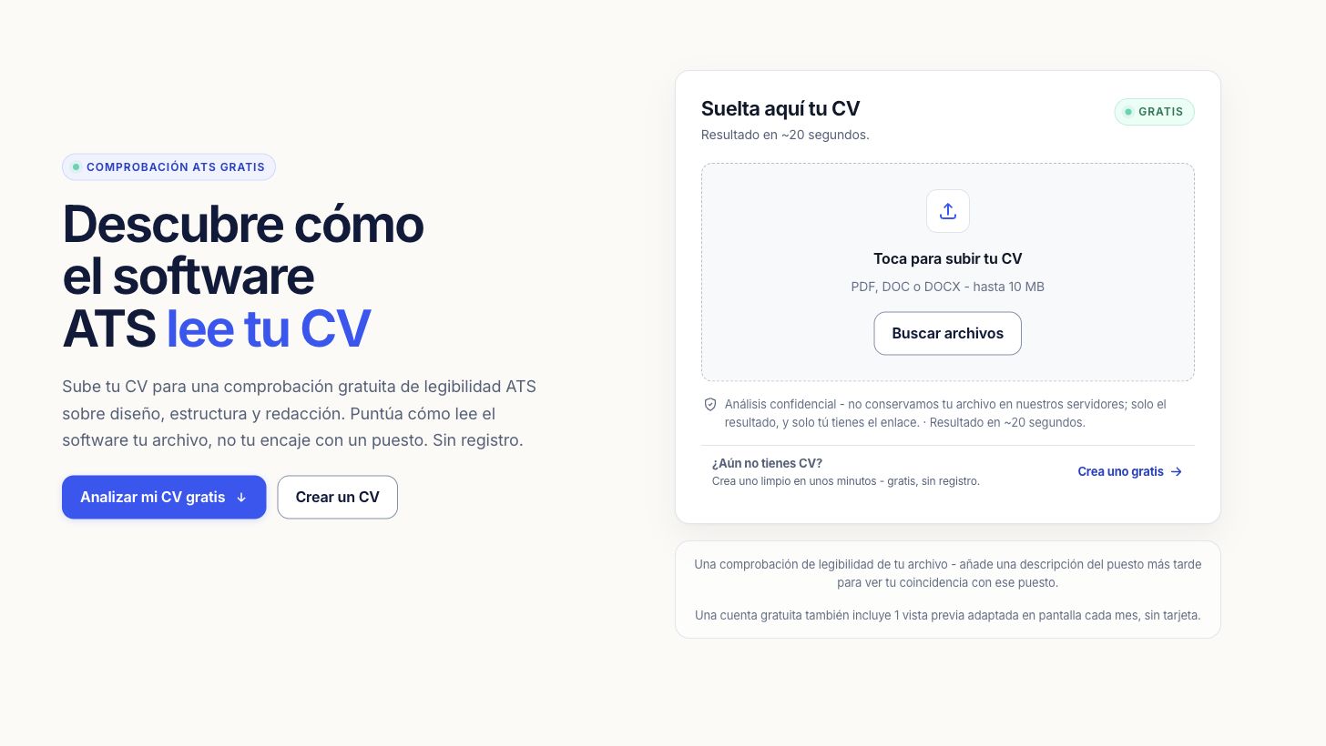 Zona de carga del comprobador ATS para un currículum PDF o Word