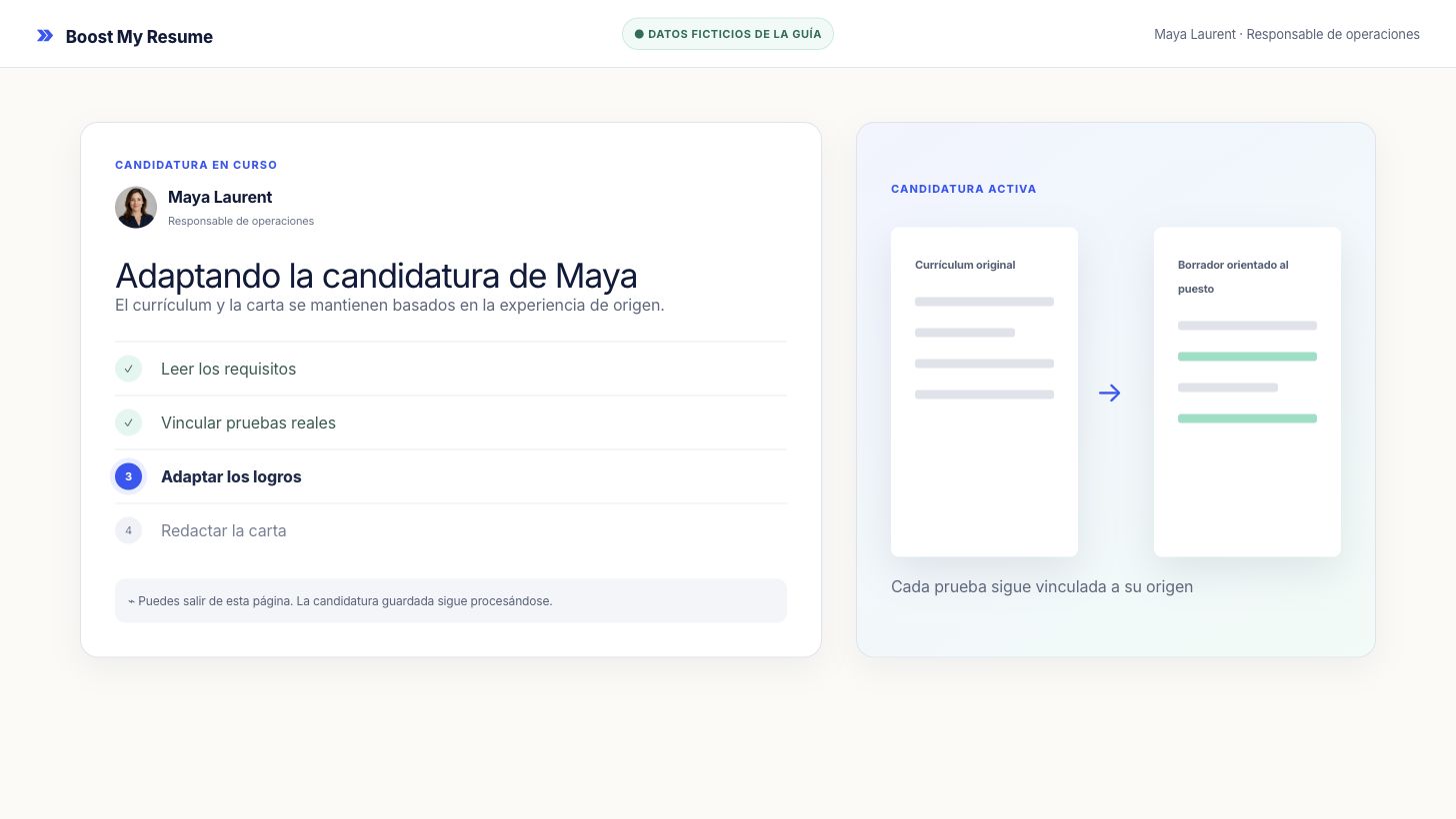 Progreso de adaptación con etapas reales para una candidatura ficticia de operaciones