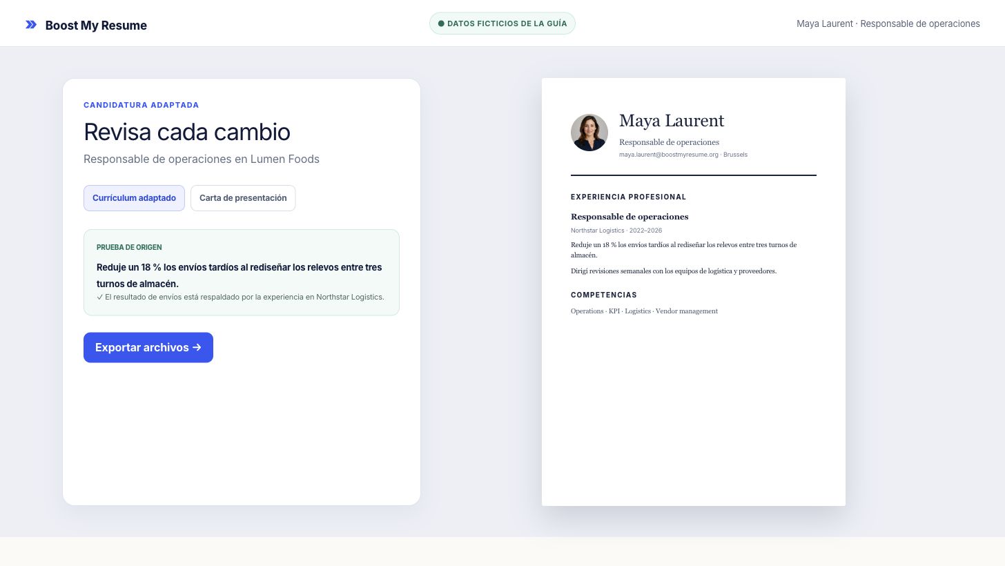 Revisión de candidatura adaptada con vista previa, pruebas, análisis de coincidencia y carta