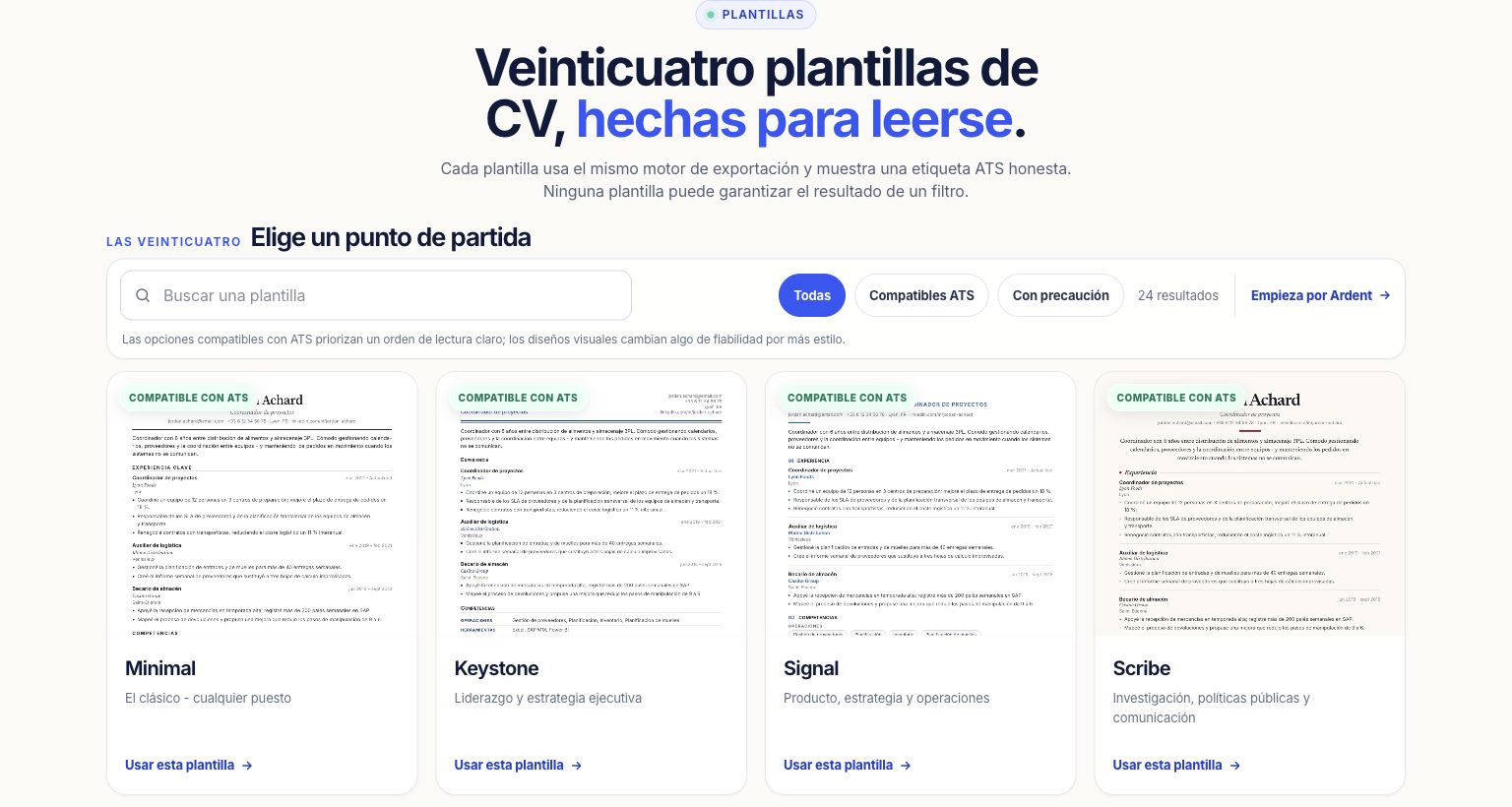 Galería de plantillas de currículum con etiquetas ATS y de formato