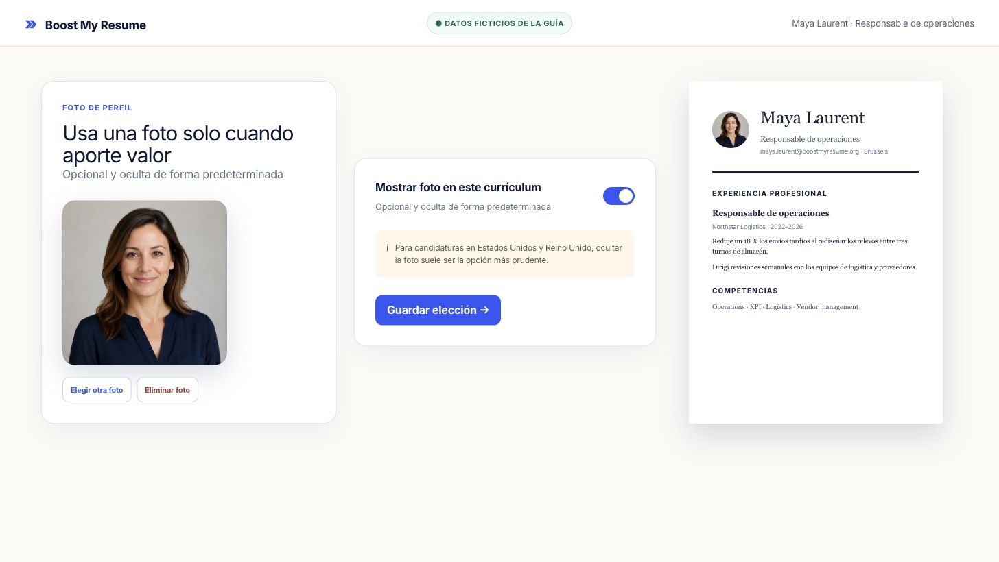 Control de foto en el editor con retrato profesional ficticio y opción de ocultar