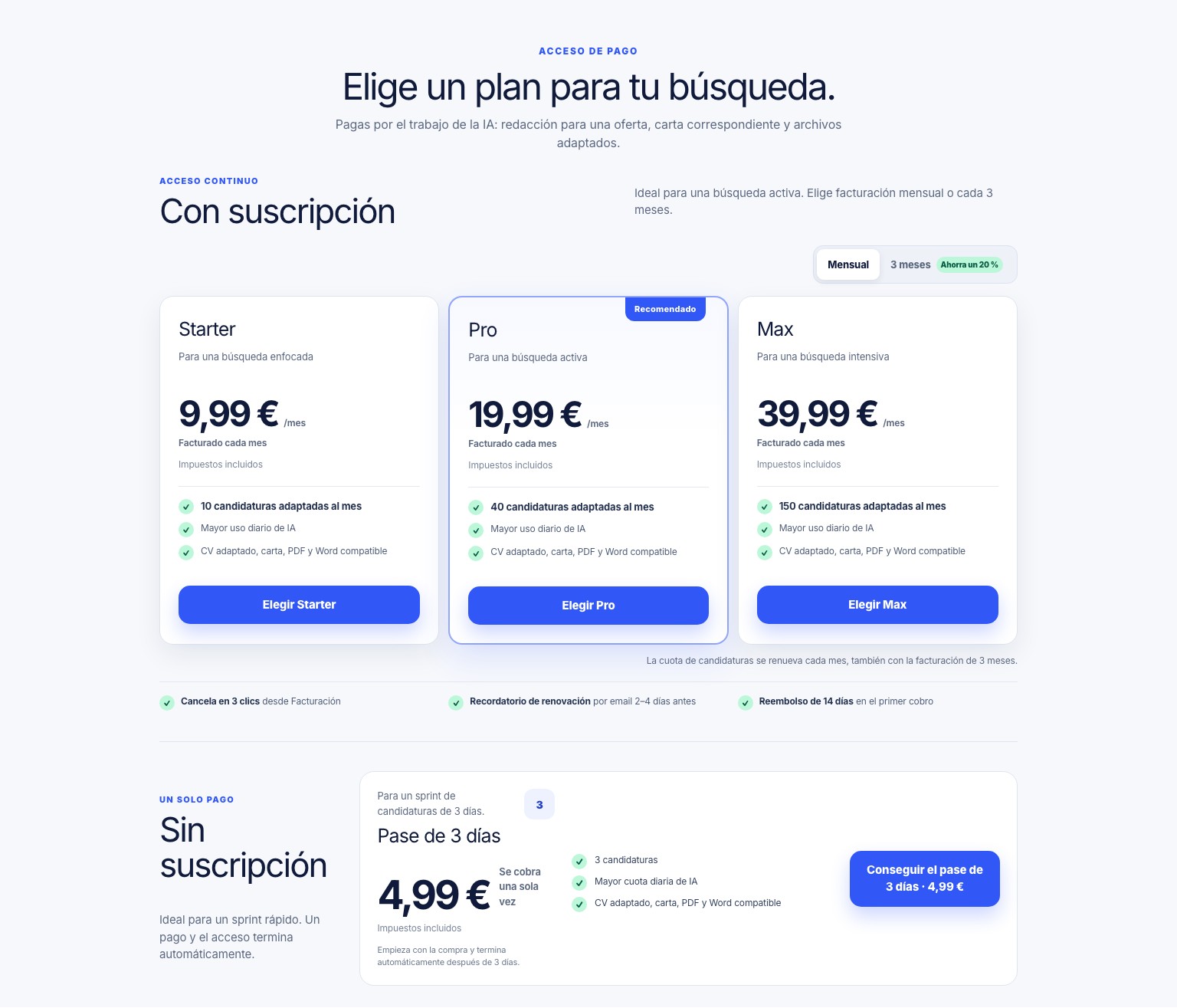 Página de precios actual con el editor gratis, las suscripciones y el pase único de 3 días