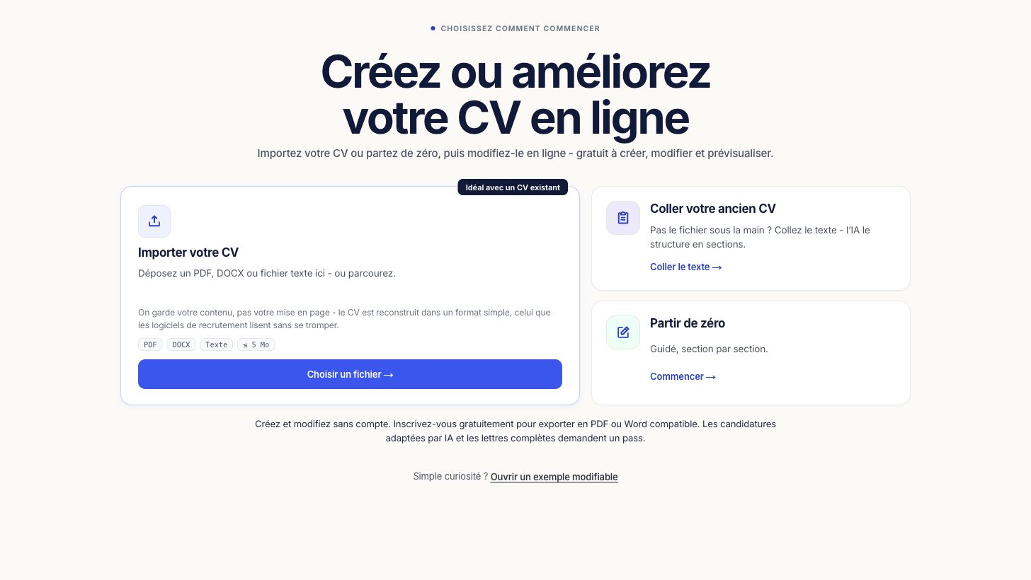 Écran de départ du créateur de CV avec les options importer, coller et partir de zéro