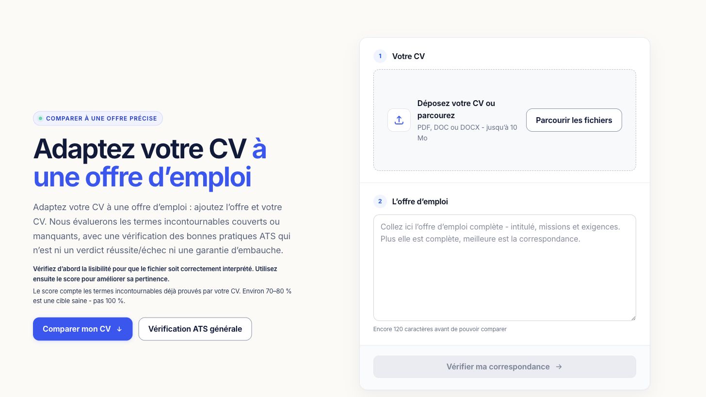 Formulaire de comparaison entre un CV et une offre fictive dans les opérations