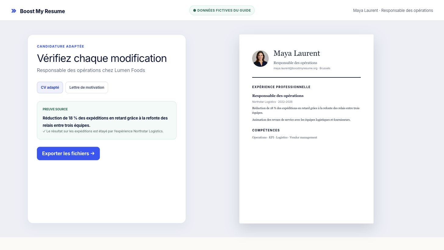 Révision d’une candidature adaptée avec aperçu du CV, preuves, analyse de correspondance et lettre