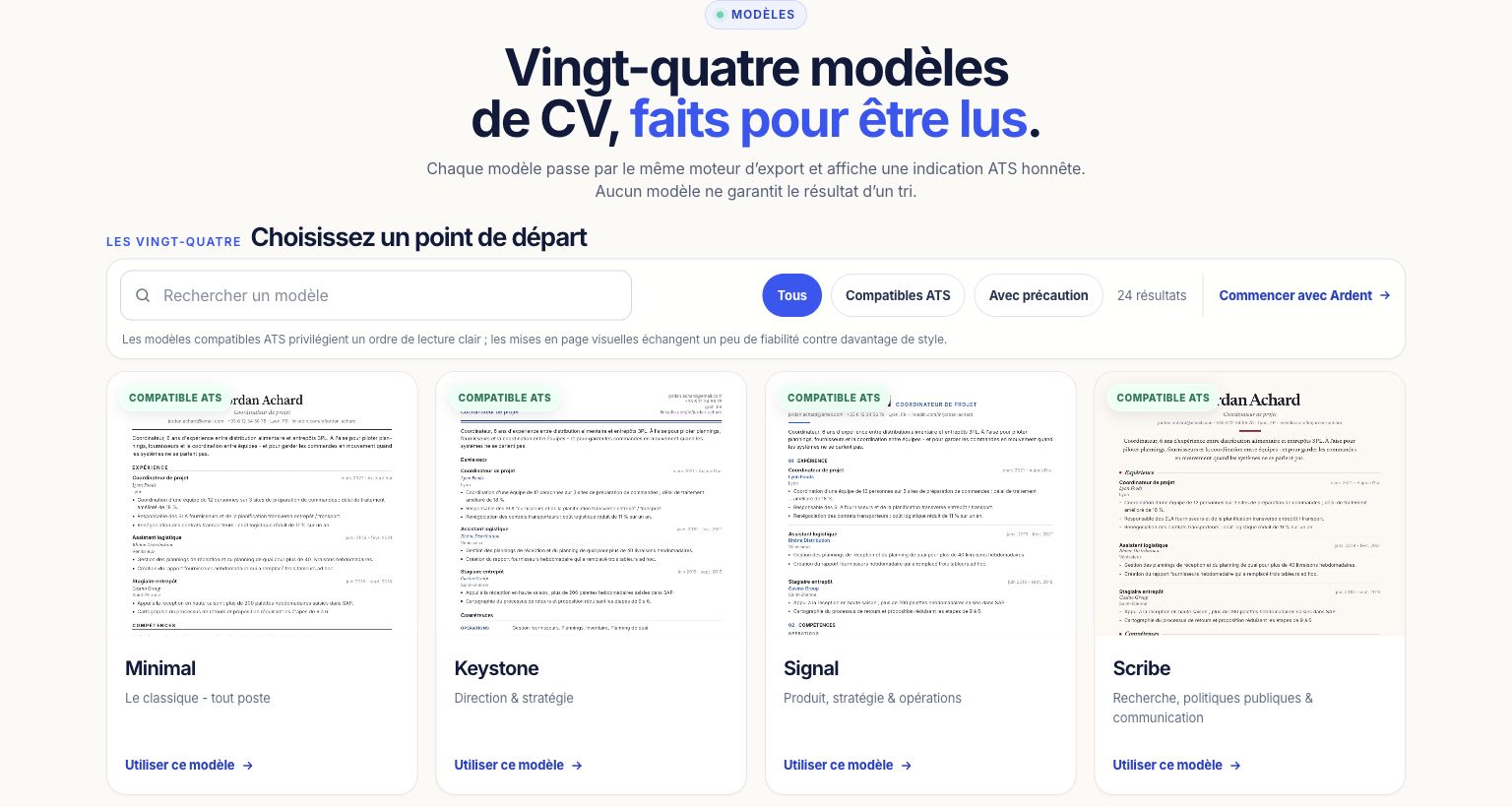 Galerie de modèles de CV avec étiquettes ATS et formats de fichier