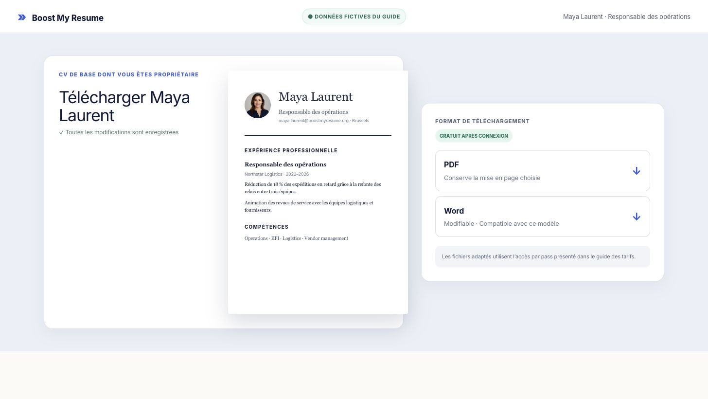 Menu de téléchargement du CV avec les choix PDF et Word pour un CV de base fictif