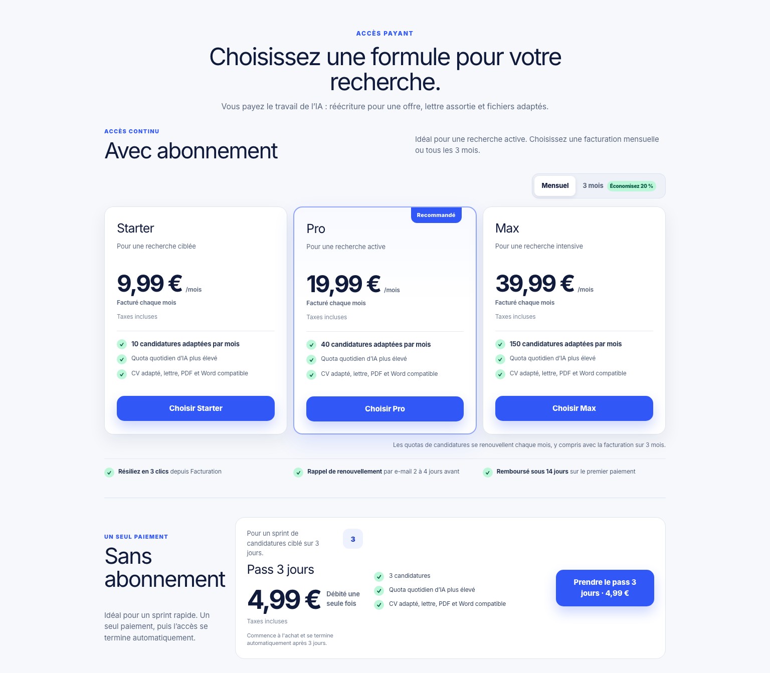 Page de tarifs actuelle avec l’éditeur gratuit, les abonnements et le pass unique de 3 jours