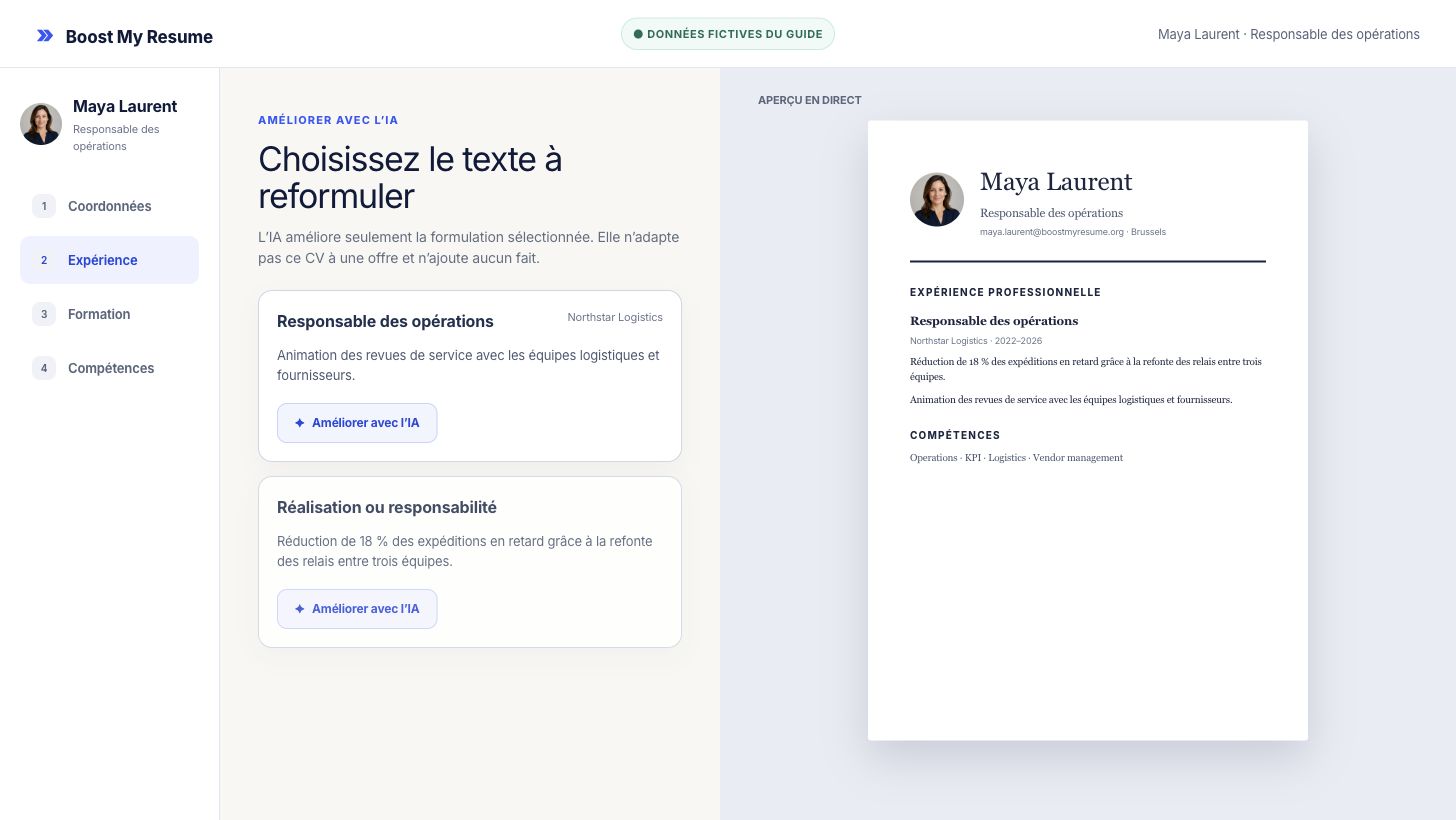 Éditeur de CV avec le bouton Améliorer avec l’IA à côté d’une expérience fictive