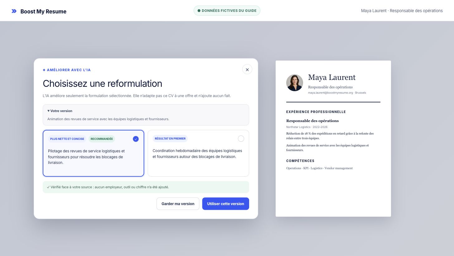 Fenêtre Améliorer avec l’IA comparant une puce de CV d’origine à des reformulations
