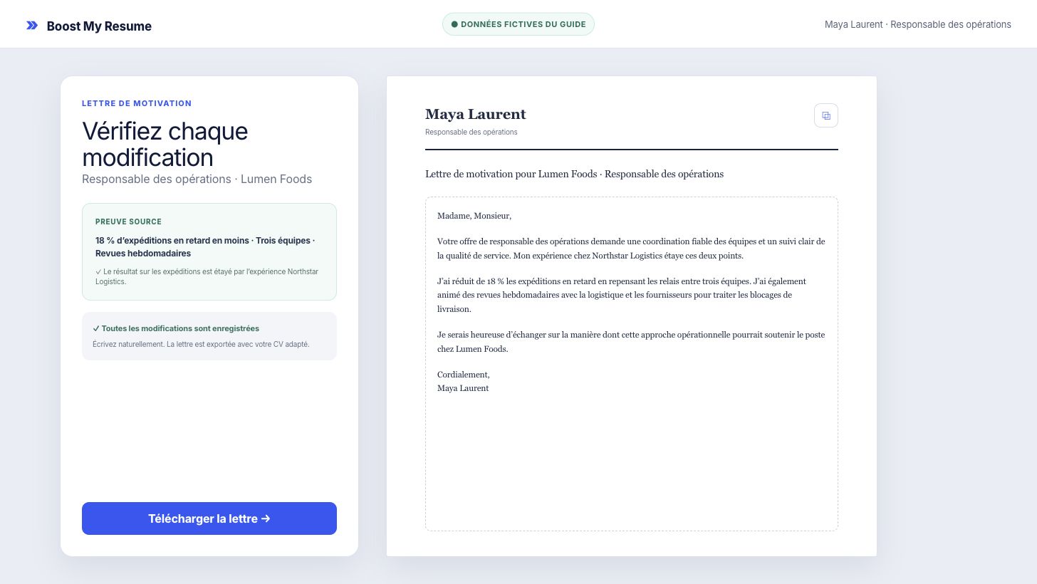 Lettre de motivation avec IA modifiable pour Lumen Foods, preuve source et état enregistré