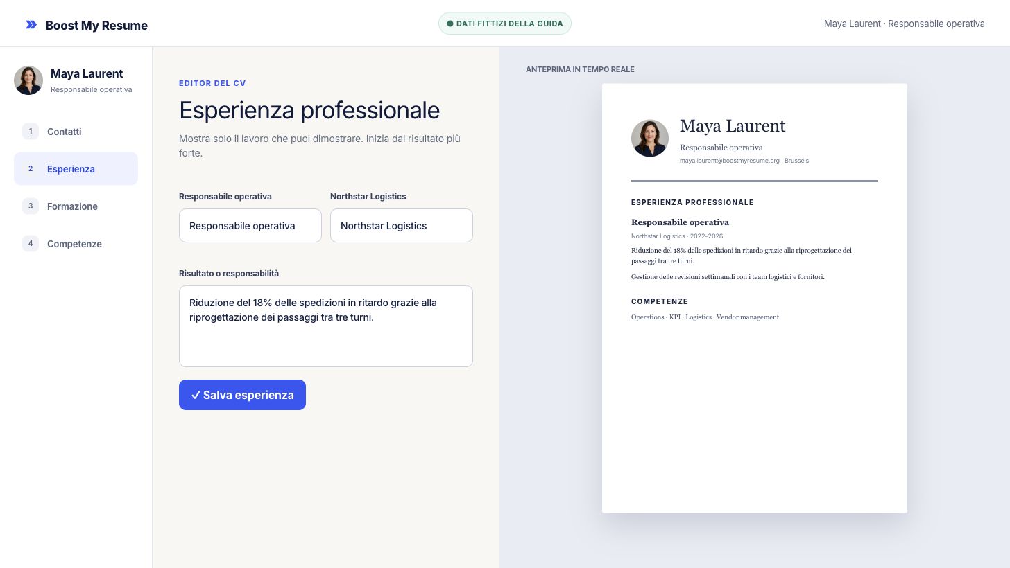 Editor del CV con esperienza operations fittizia e anteprima in tempo reale