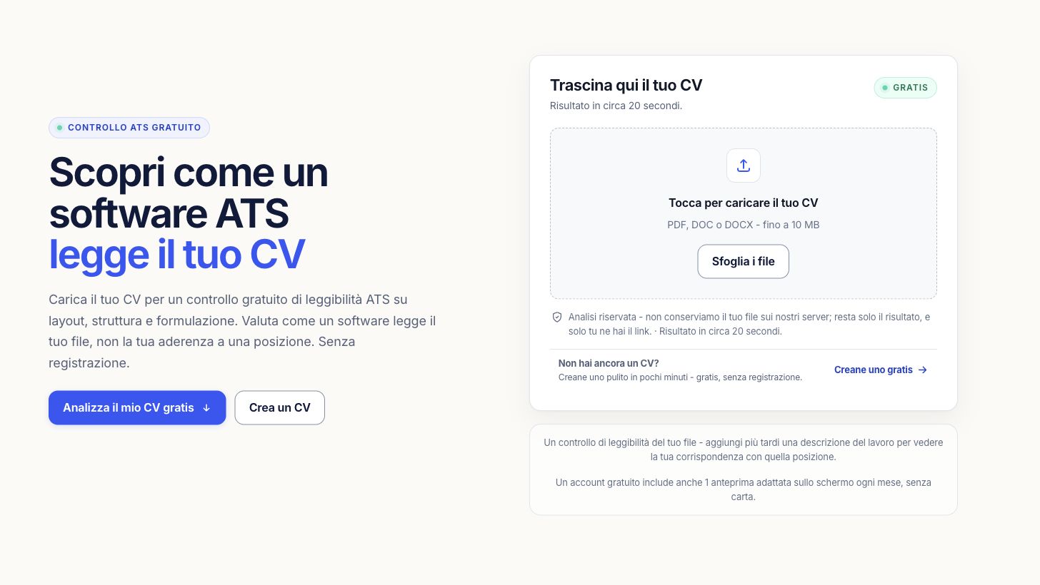 Area di caricamento del controllo ATS per un CV PDF o Word