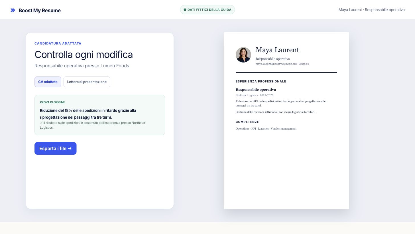 Revisione di una candidatura adattata con anteprima, prove, analisi di corrispondenza e lettera