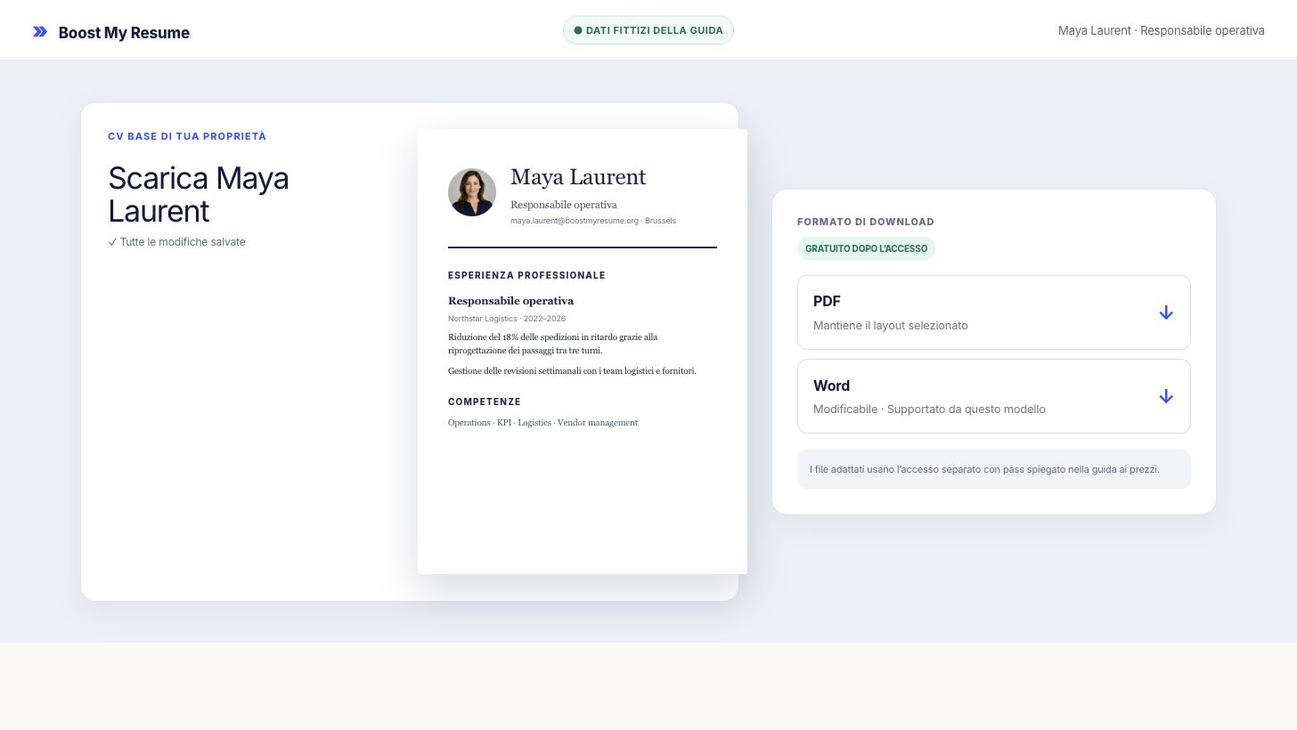 Menu di download con opzioni PDF e Word per un CV base fittizio