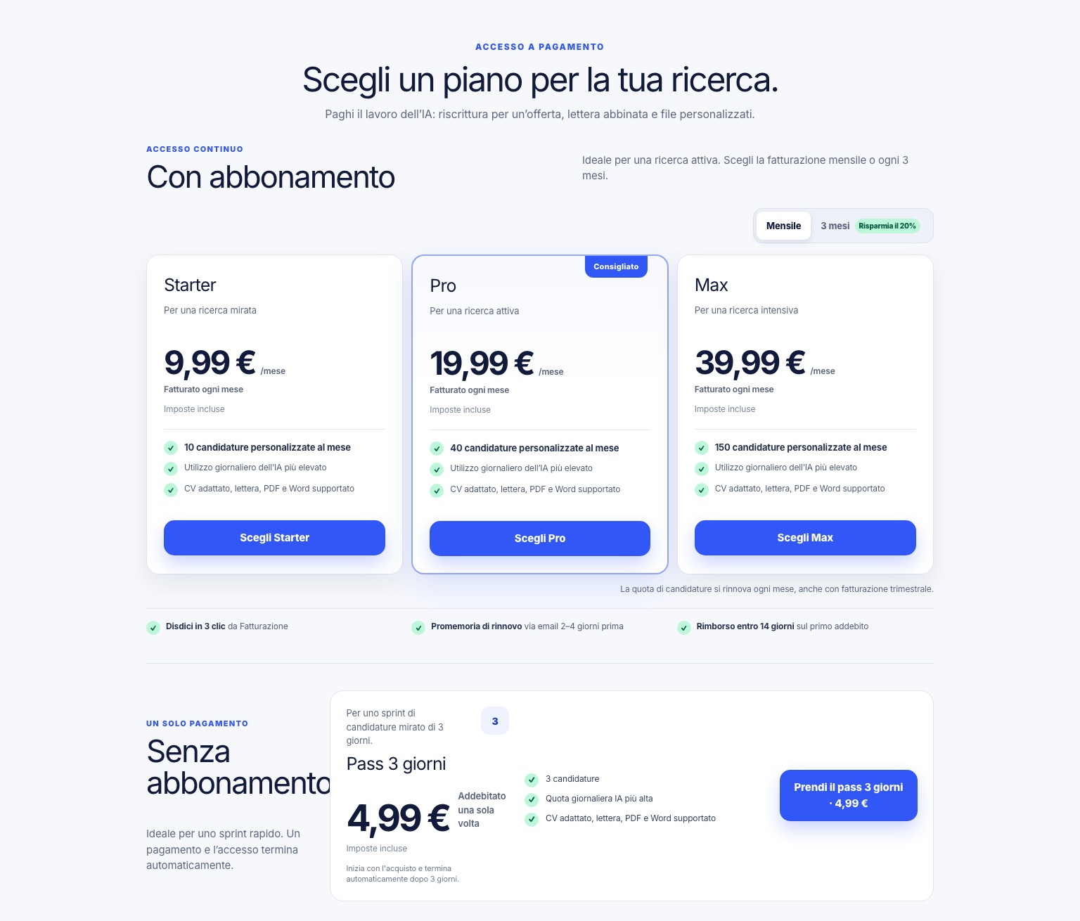 Pagina dei prezzi attuale con editor gratuito, abbonamenti e pass una tantum di 3 giorni