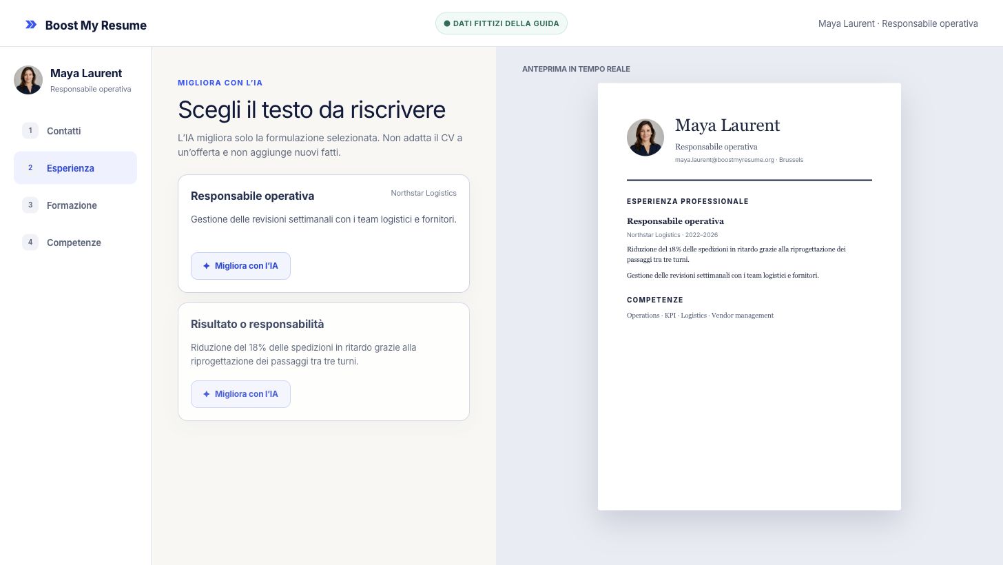 Editor del CV con il pulsante Migliora con l’IA accanto a un’esperienza fittizia