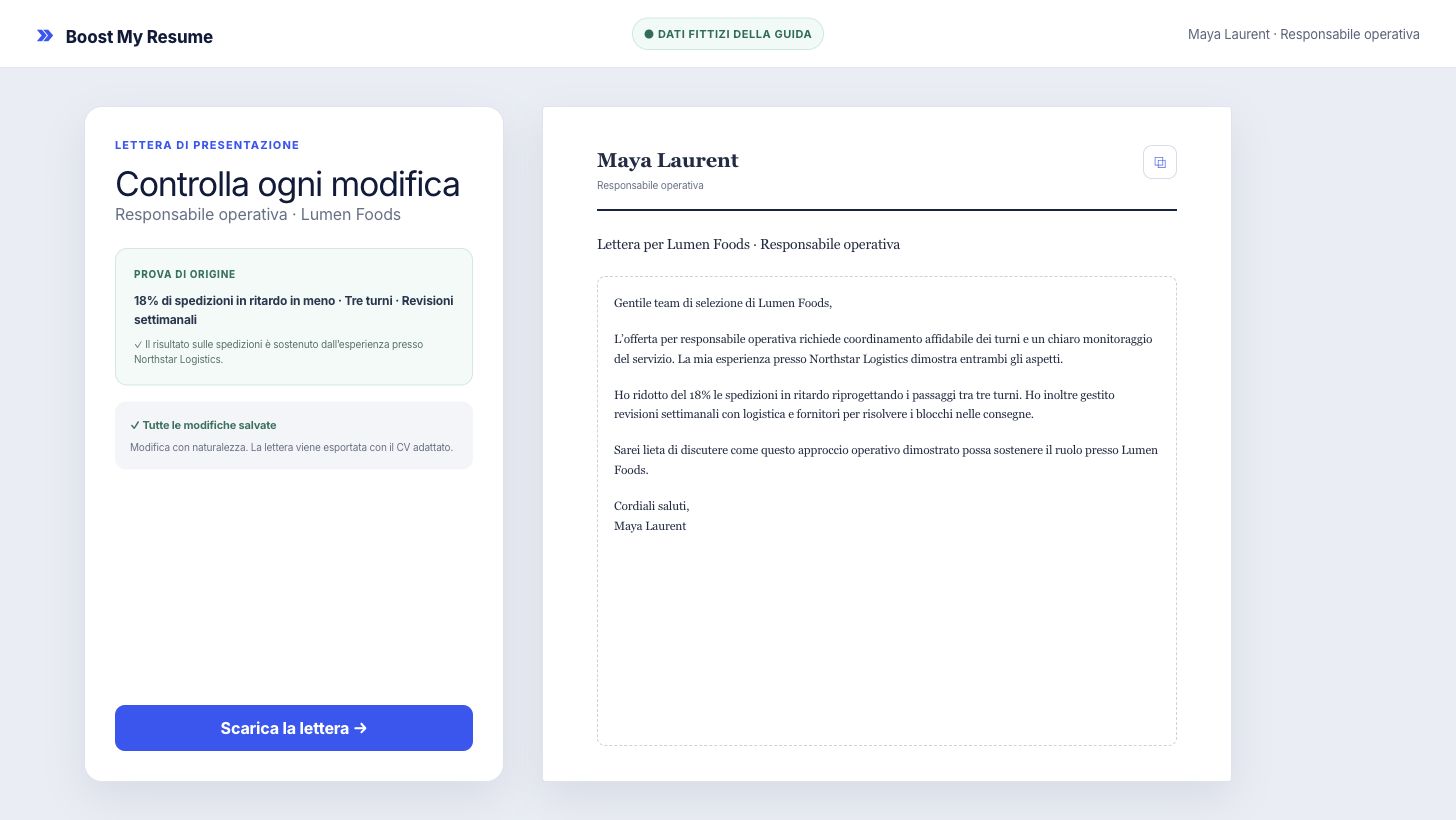 Lettera di presentazione con IA modificabile per Lumen Foods con prova di origine e stato salvato