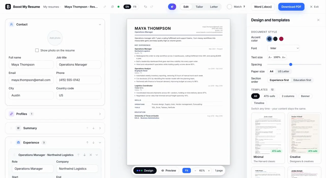 Bildschirmaufnahme des Boost My Resume Editors: Ein Lebenslauf wird von Hand bearbeitet, die Vorschau aktualisiert sich live, und das Design wechselt zu einem sauberen einspaltigen Layout.