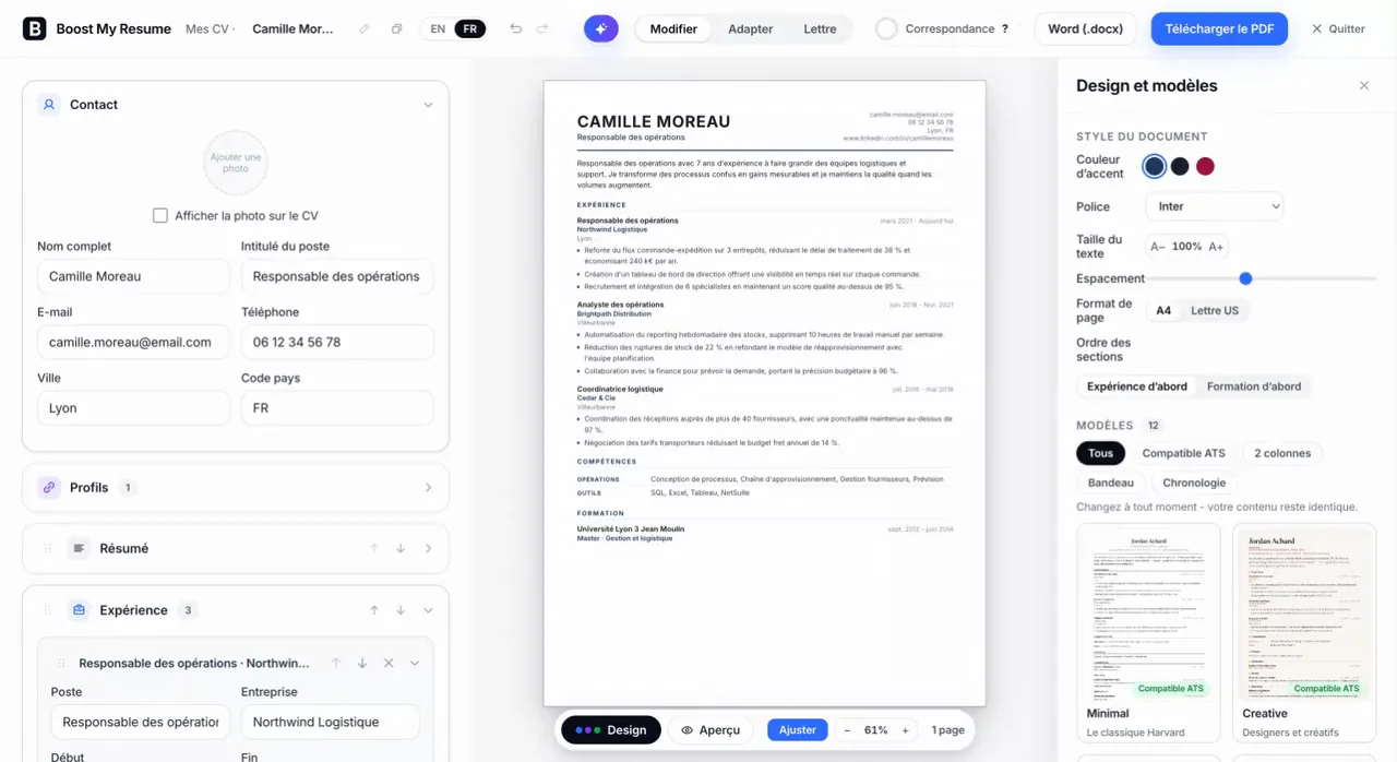 Capture d’écran de l’éditeur Boost My Resume : un CV est modifié à la main, l’aperçu se met à jour en direct, et le design passe à une mise en page claire sur une colonne.