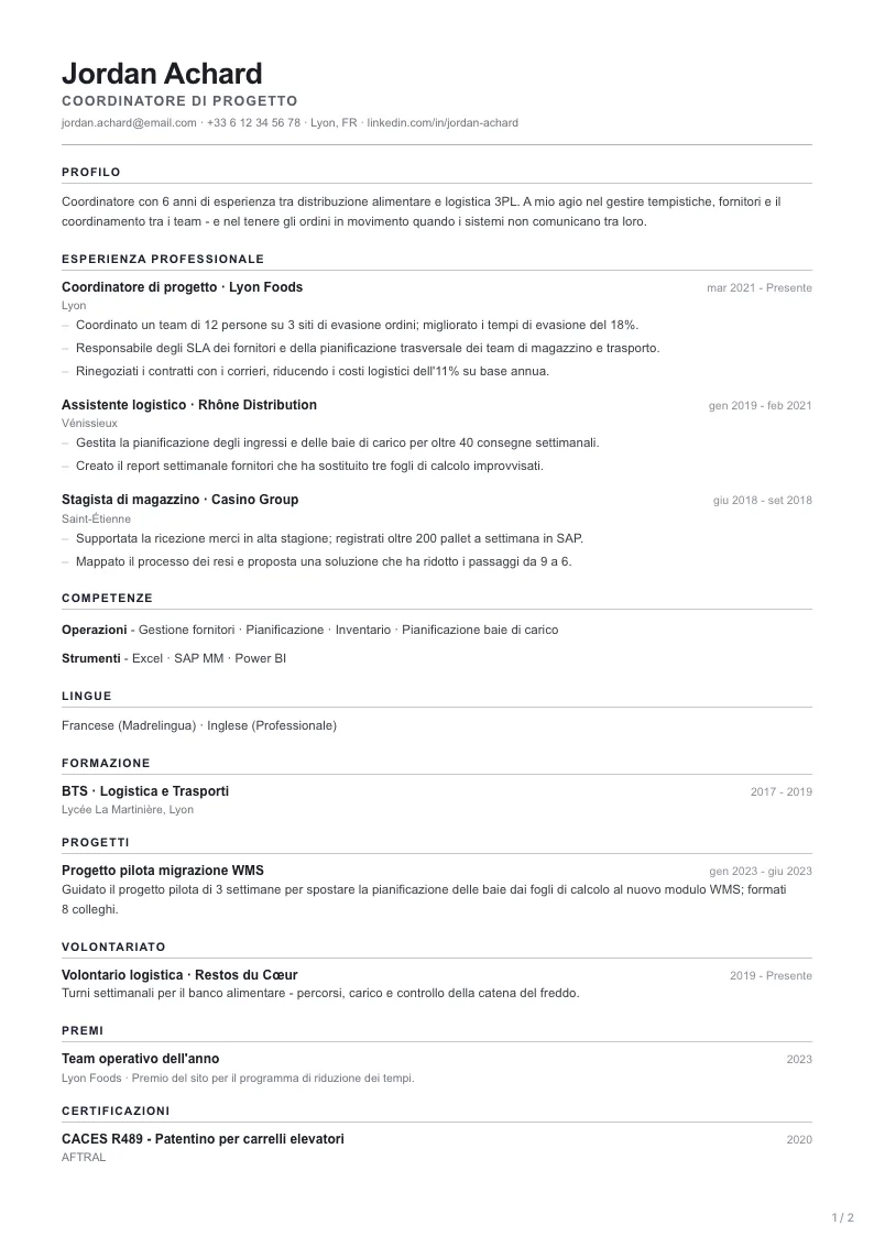 Modello di CV Ardent - prima pagina