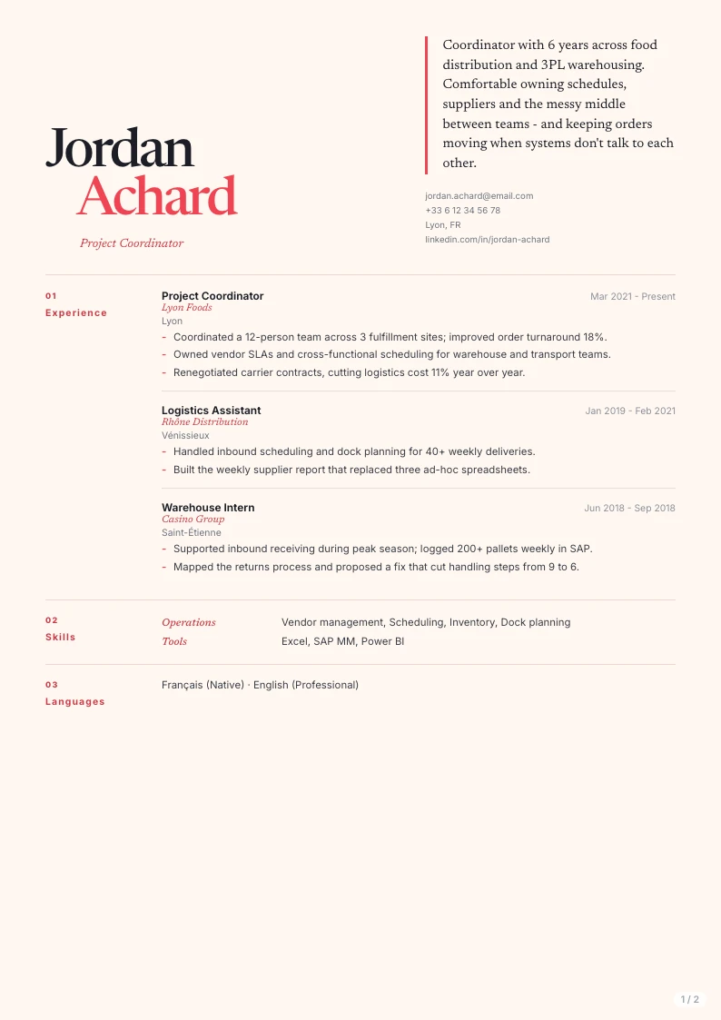 Atria resume template - first page
